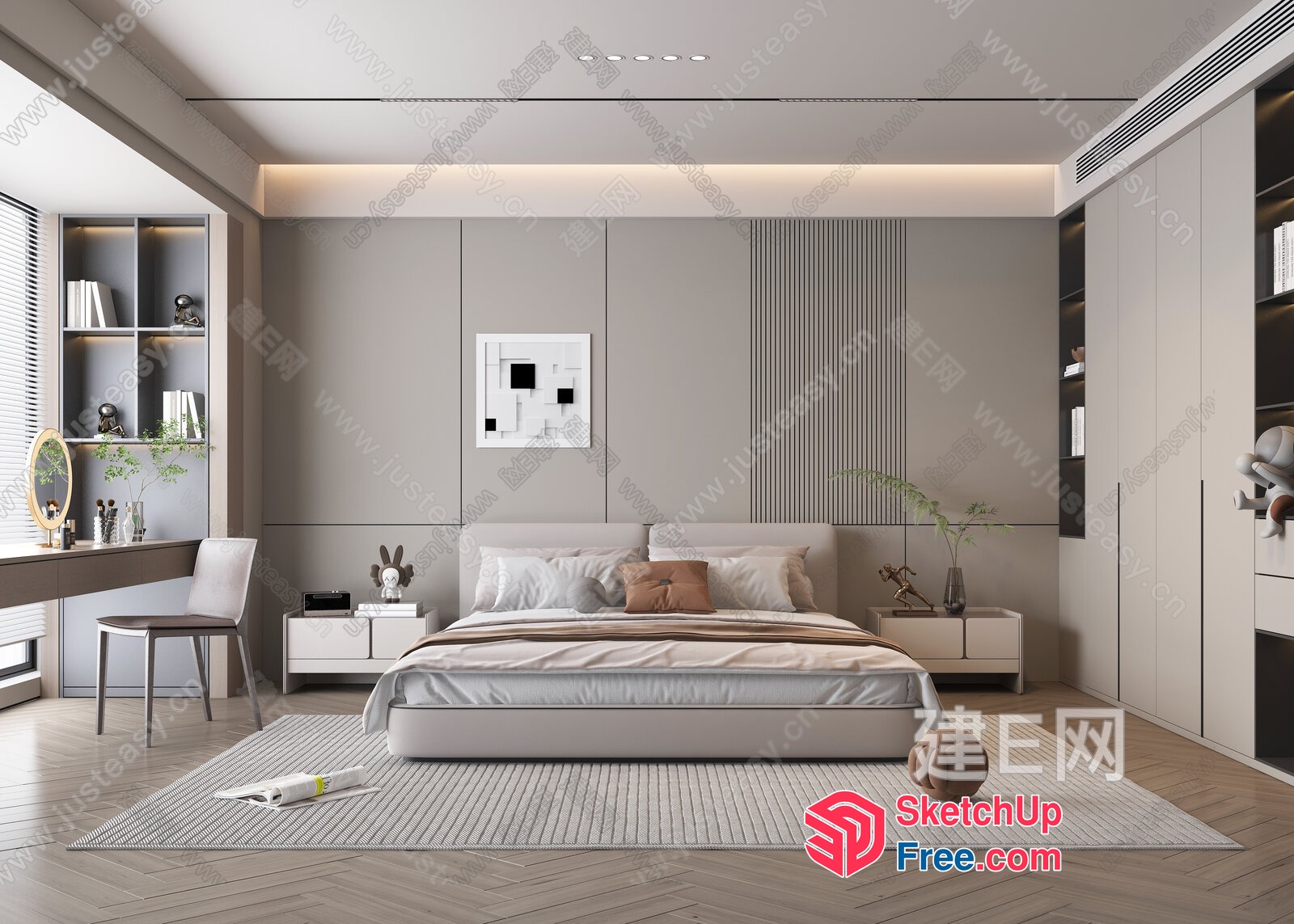 Modern Minimalist Neutral-Toned Bedroom Interior 3D SketchUp File
