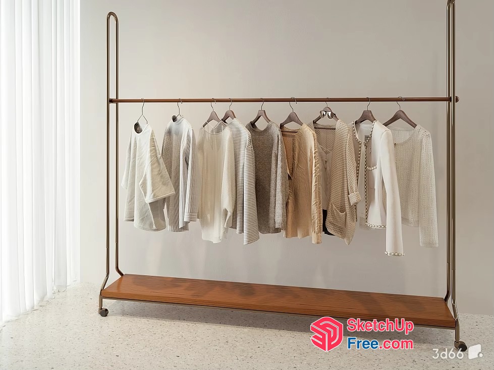 Elegant White And Beige Sweaters On A Gold And Wood Clothing Rack 3D SketchUp File