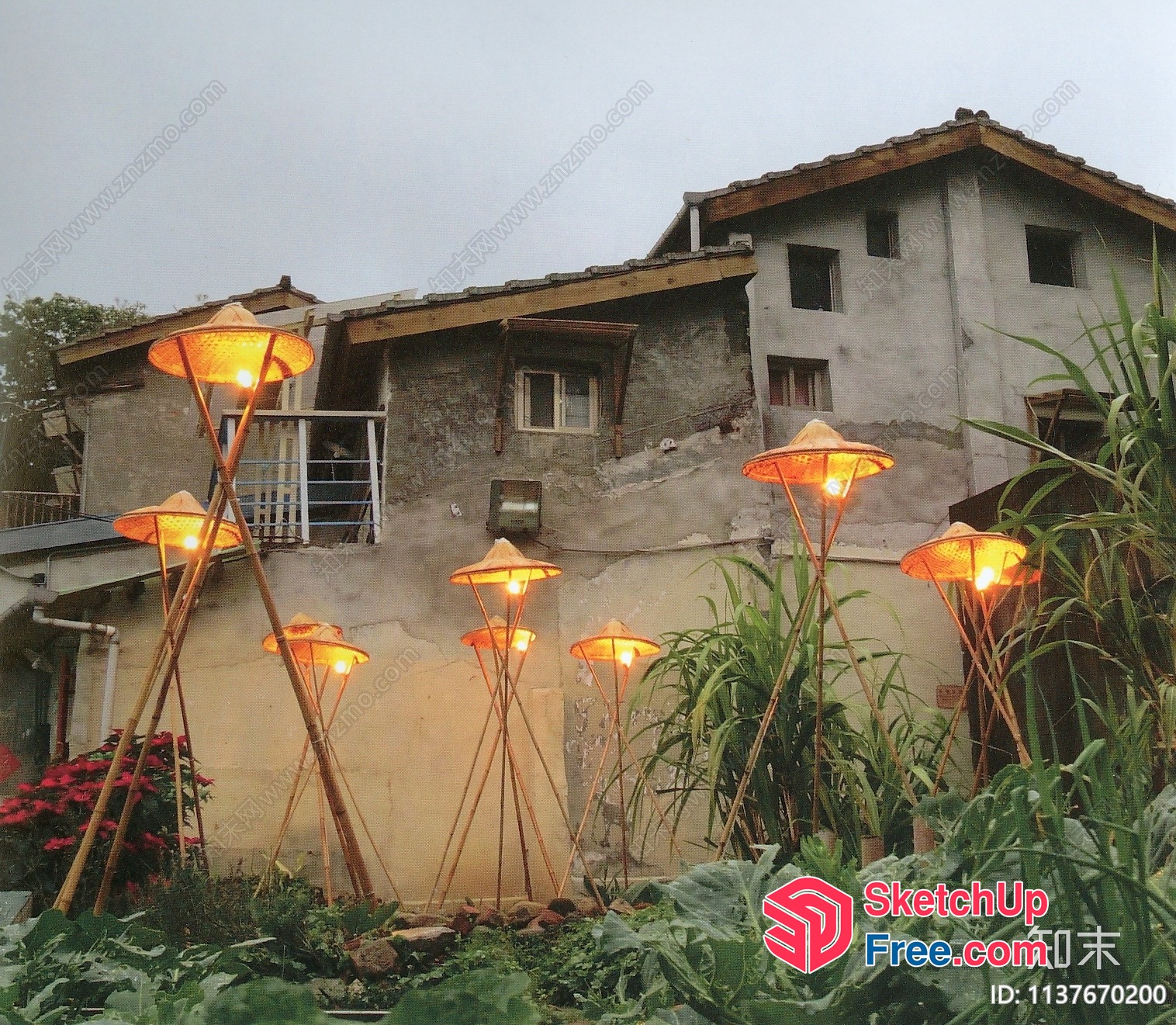 Outdoor Bamboo Lamp Posts And Lanterns 3D SketchUp File