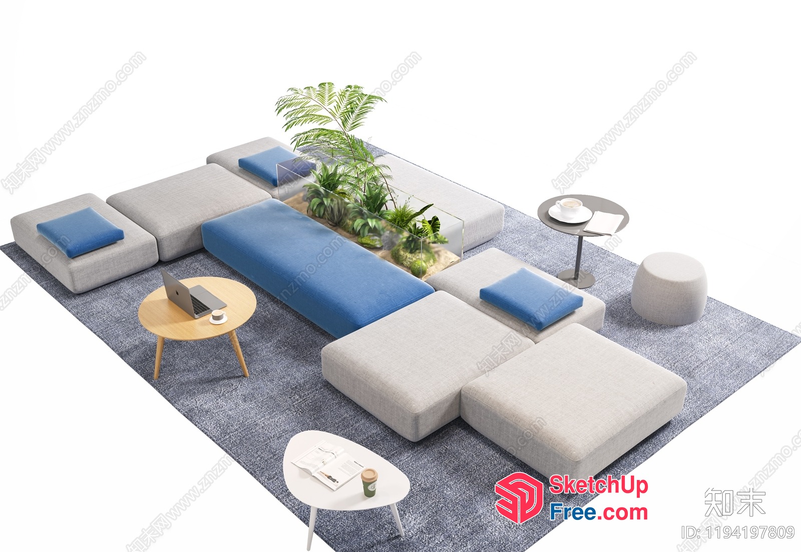 Modern Living Room With Blue And Grey Furniture And Plants 3D SketchUp File