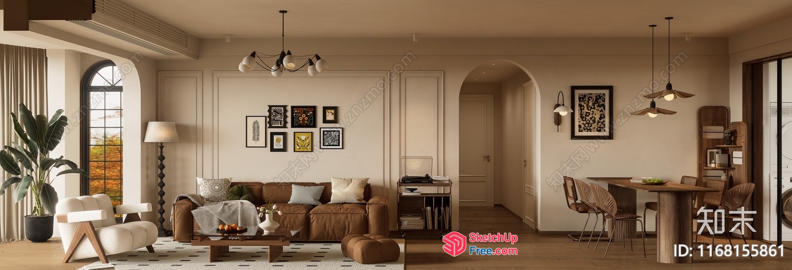 Modern Living Room With Arched Windows And Brown Sofa 3D SketchUp File