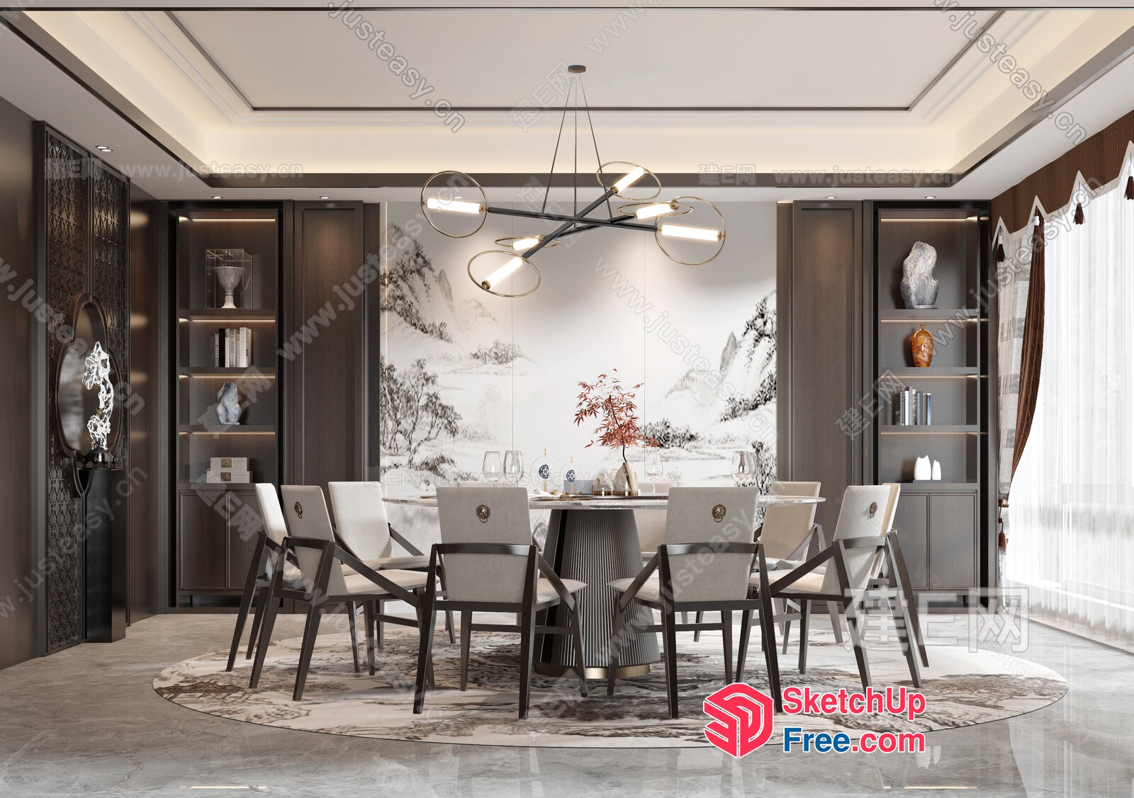 Elegant Dining Room With Modern Chandelier And Marble Floor 3D SketchUp File