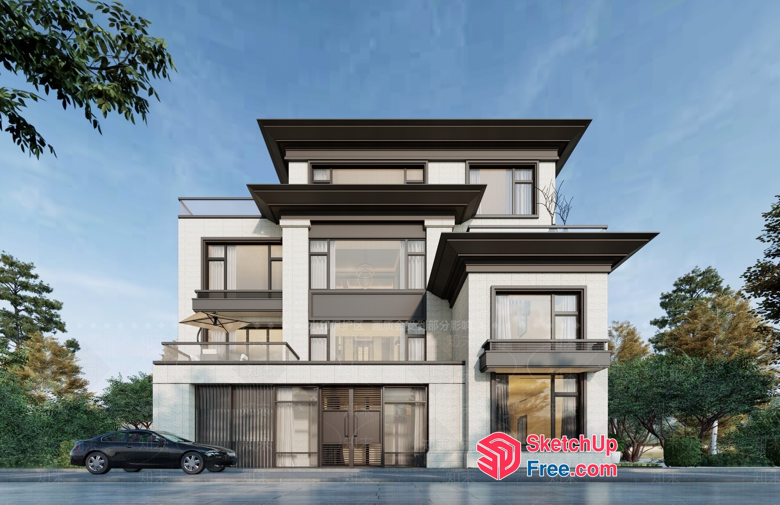 Modern Villa Exterior With Balconies And Pillars 3D SketchUp File