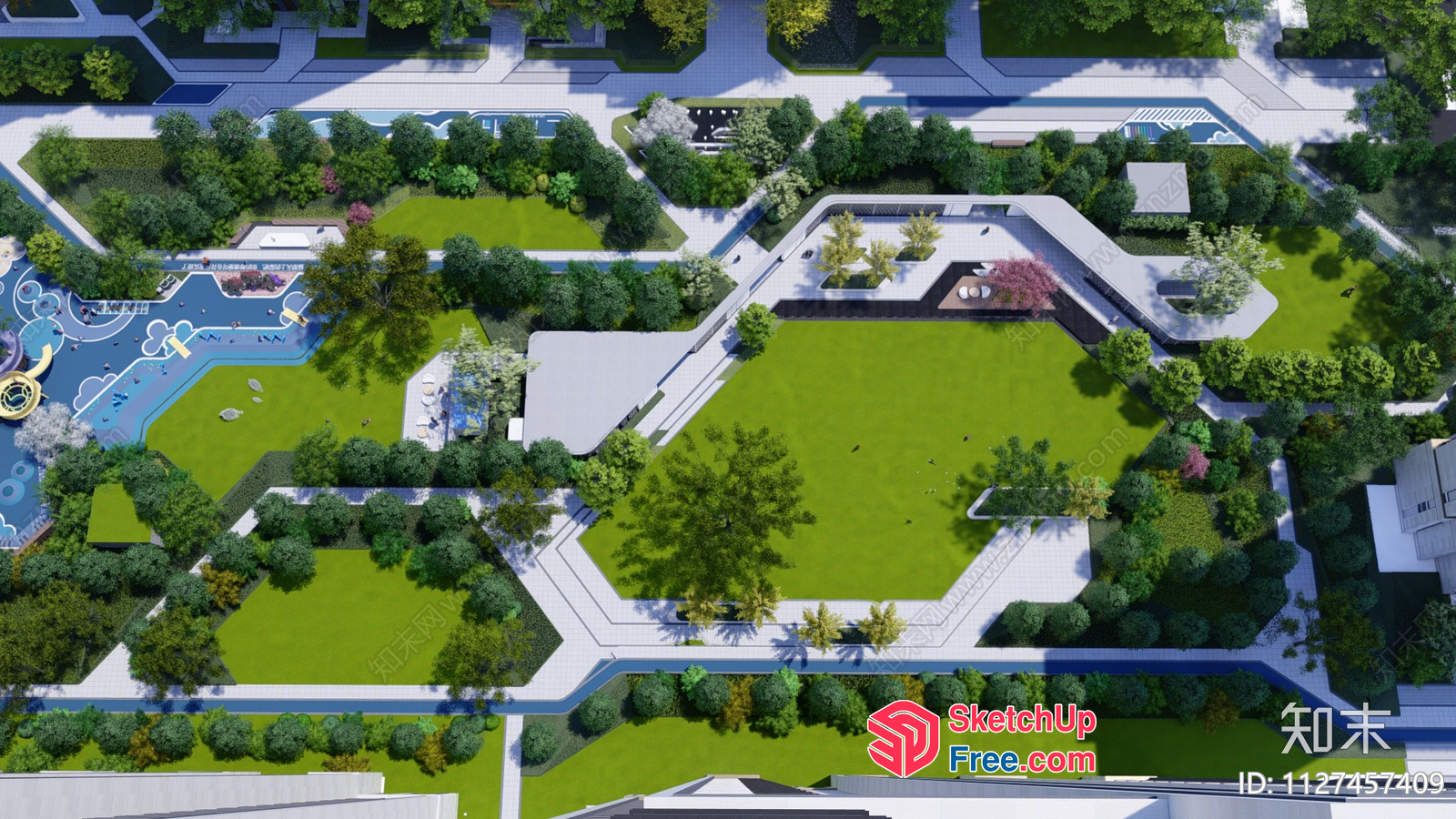 Aerial View Of A Modern Park With A Playground And A Swimming Pool 3D SketchUp File