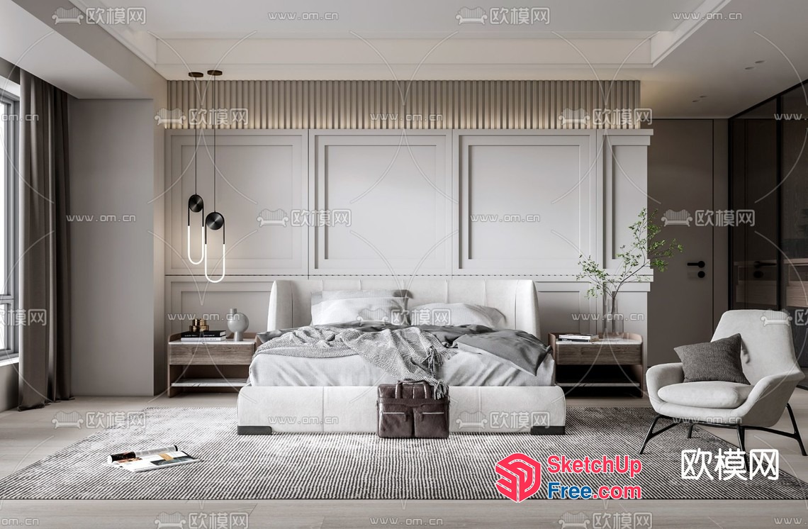 Elegant Modern Bedroom With White Bed And Accent Wall 3D SketchUp File