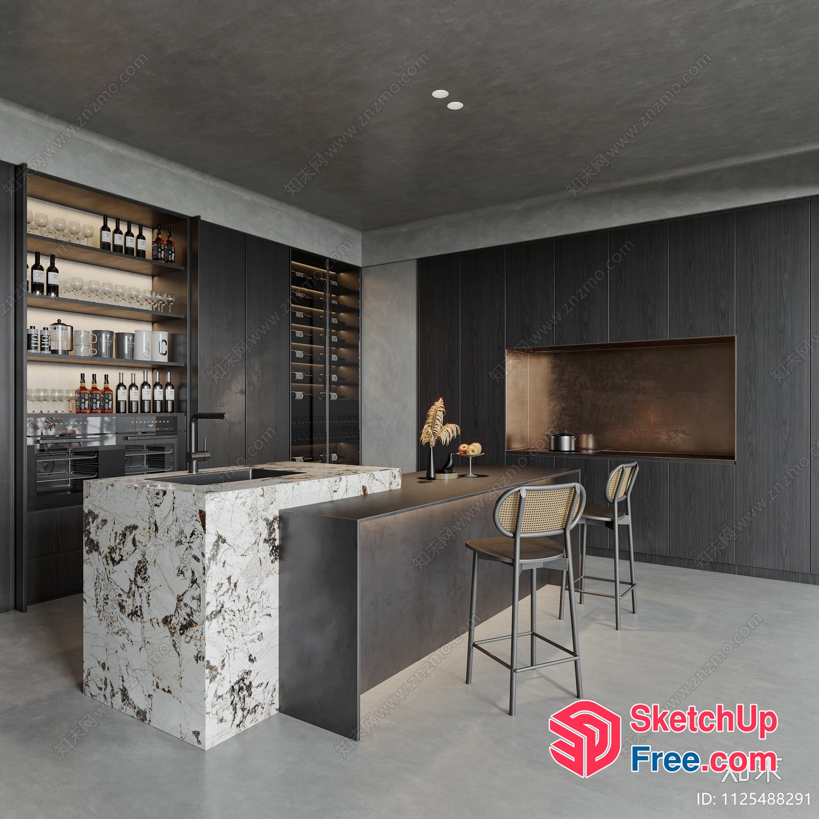 Modern Minimalist Kitchen With Marble Island 3D SketchUp File