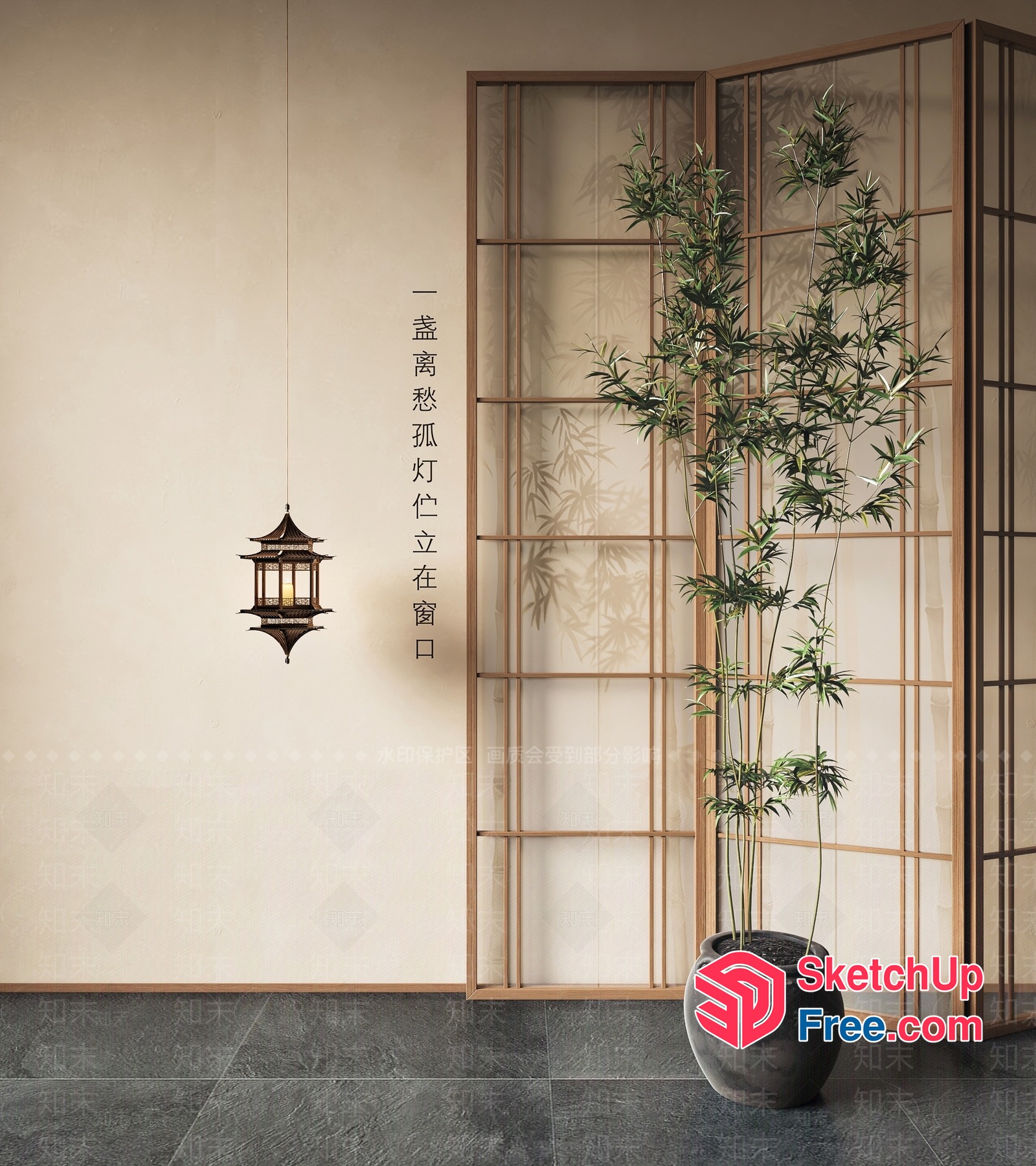 Elegant Japanese-Style Room With Bamboo Plant And Lantern 3D SketchUp File
