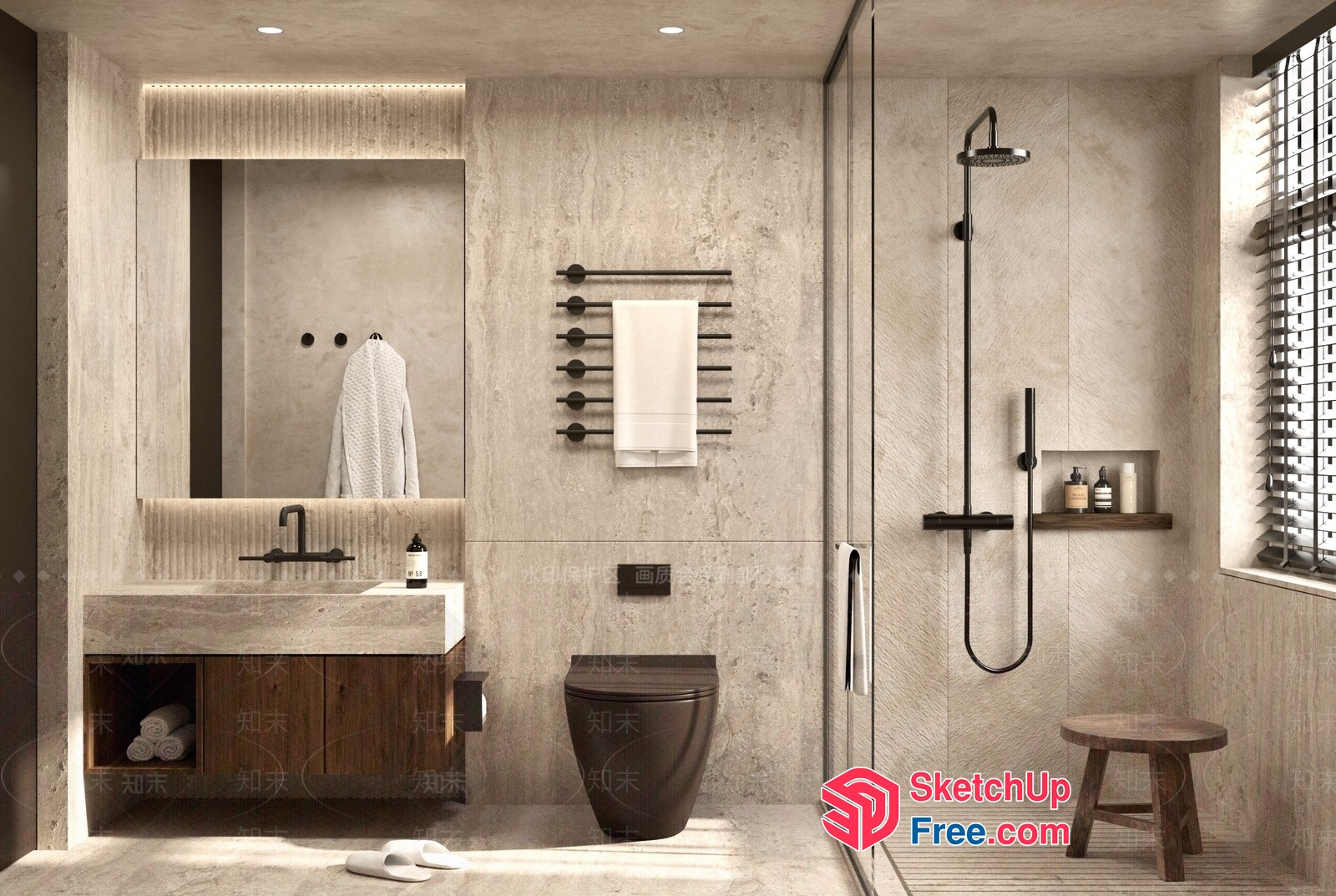 Modern Bathroom With Sleek Black Fixtures And Natural Stone 3D SketchUp File