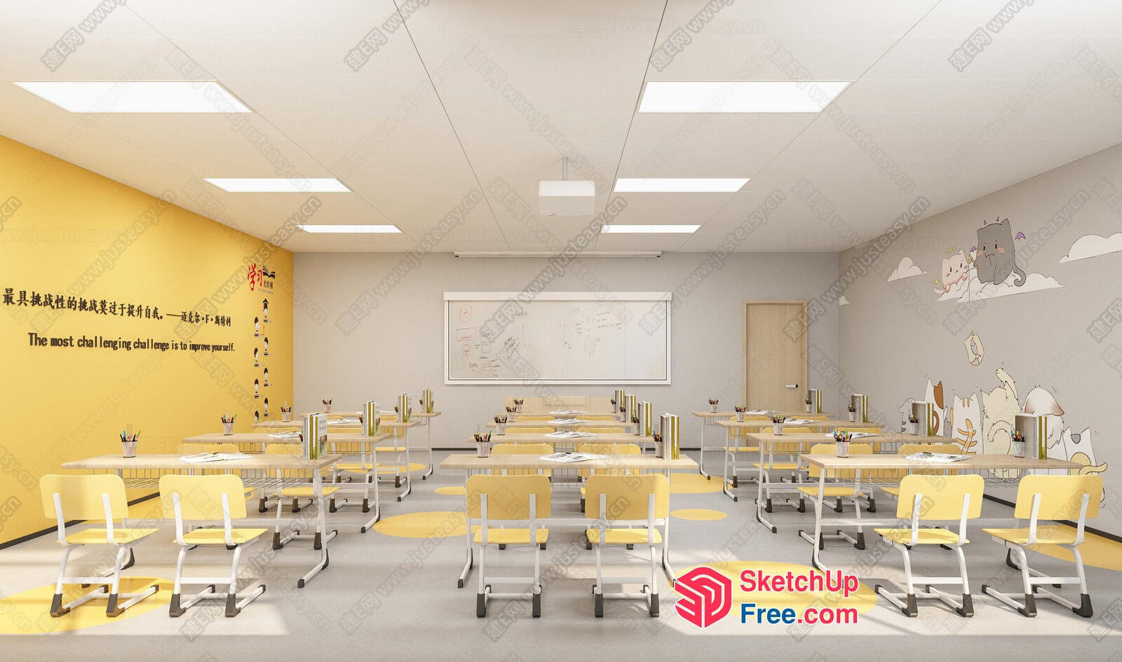 Modern Classroom With Yellow Accents And Inspirational Quote 3D SketchUp File