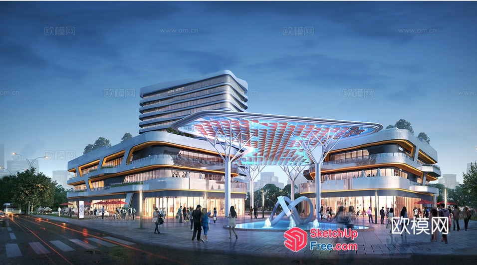 Modern Commercial Street Building With Unique Architectural Design 3D SketchUp File