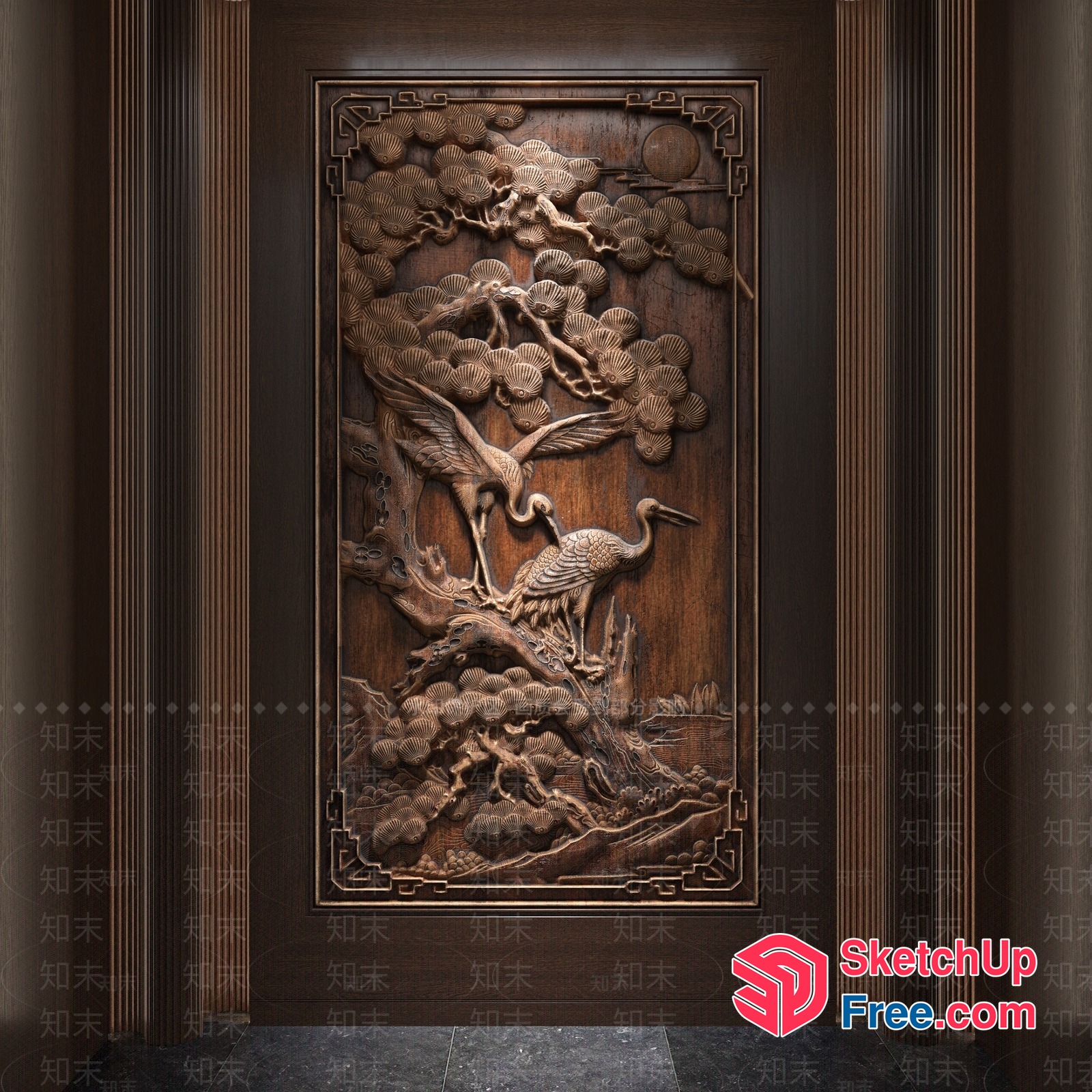 Carved Wooden Panel With Cranes And Pine Trees 3D SketchUp File