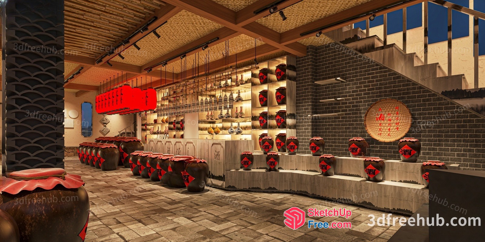 Asian Inspired Restaurant With Stairs And Brick Wall 3D SketchUp File