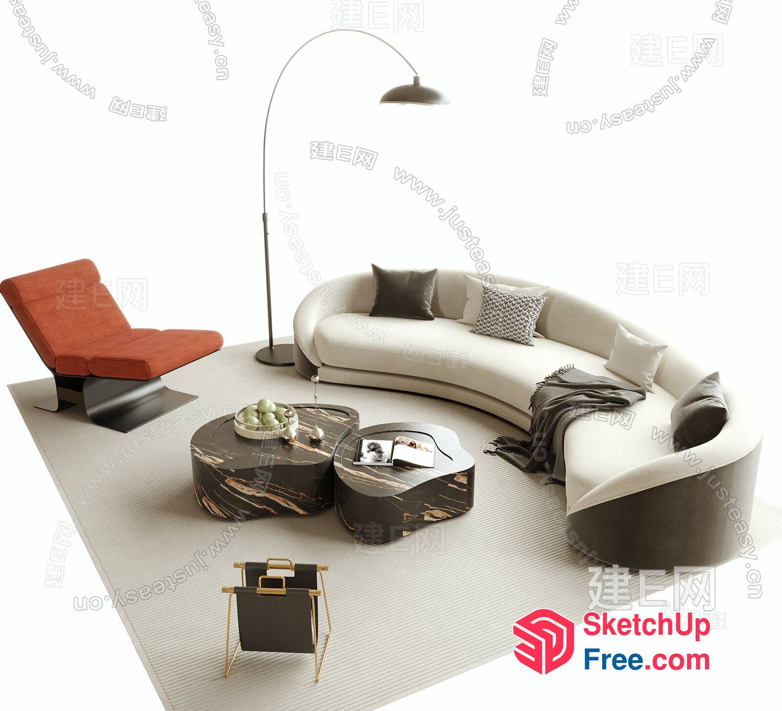 Modern Living Room With Curved Sofa And Coffee Table 3D SketchUp File