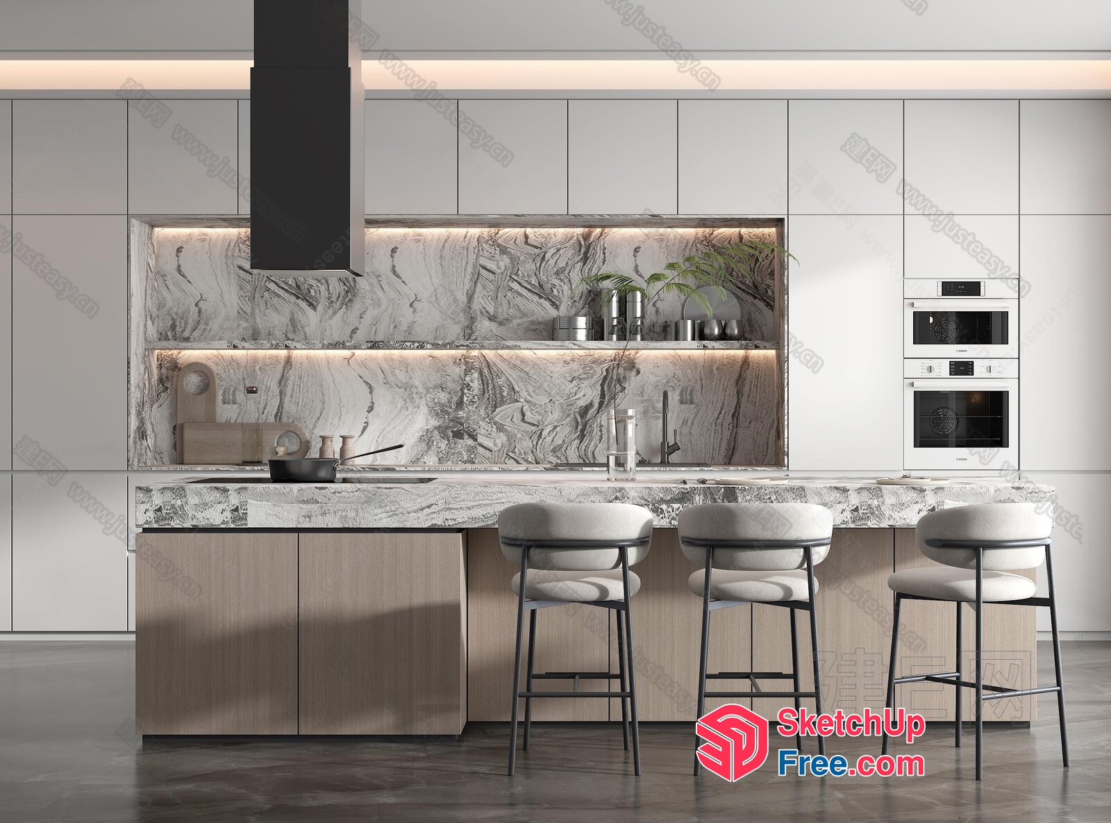 Modern Kitchen Island With Marble Countertops And Bar Stools 3D SketchUp File