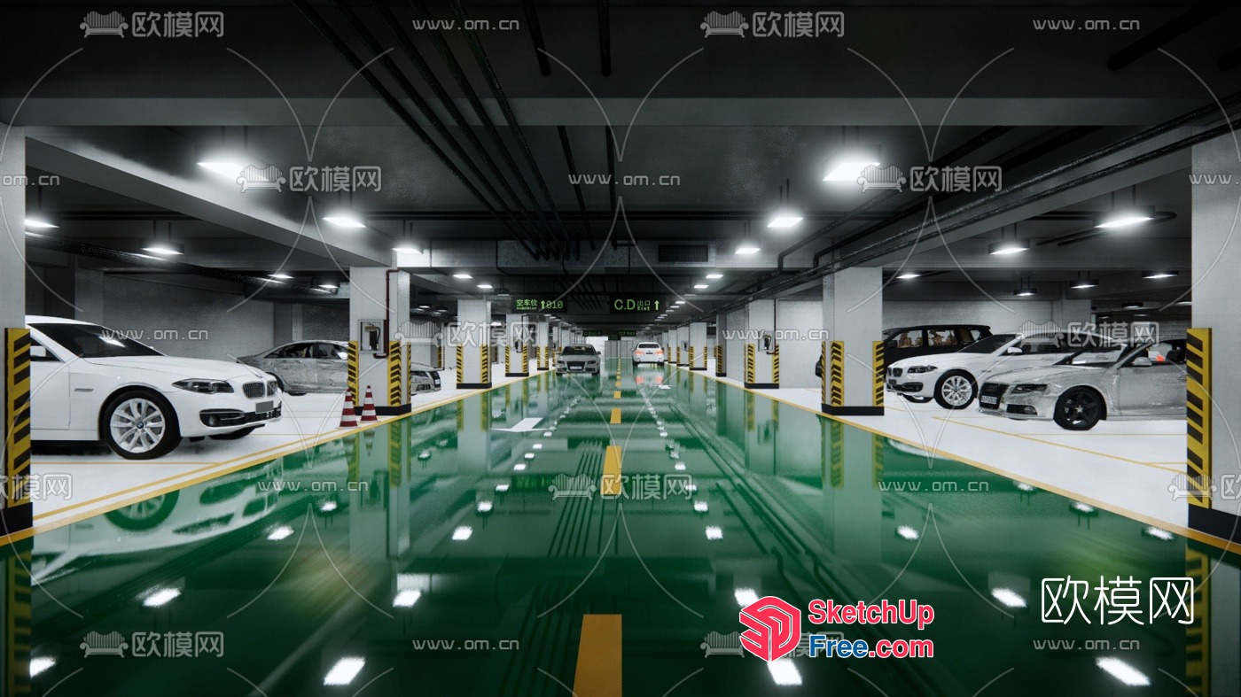 Underground Parking Garage With Cars And Yellow And Green Lines 3D SketchUp File