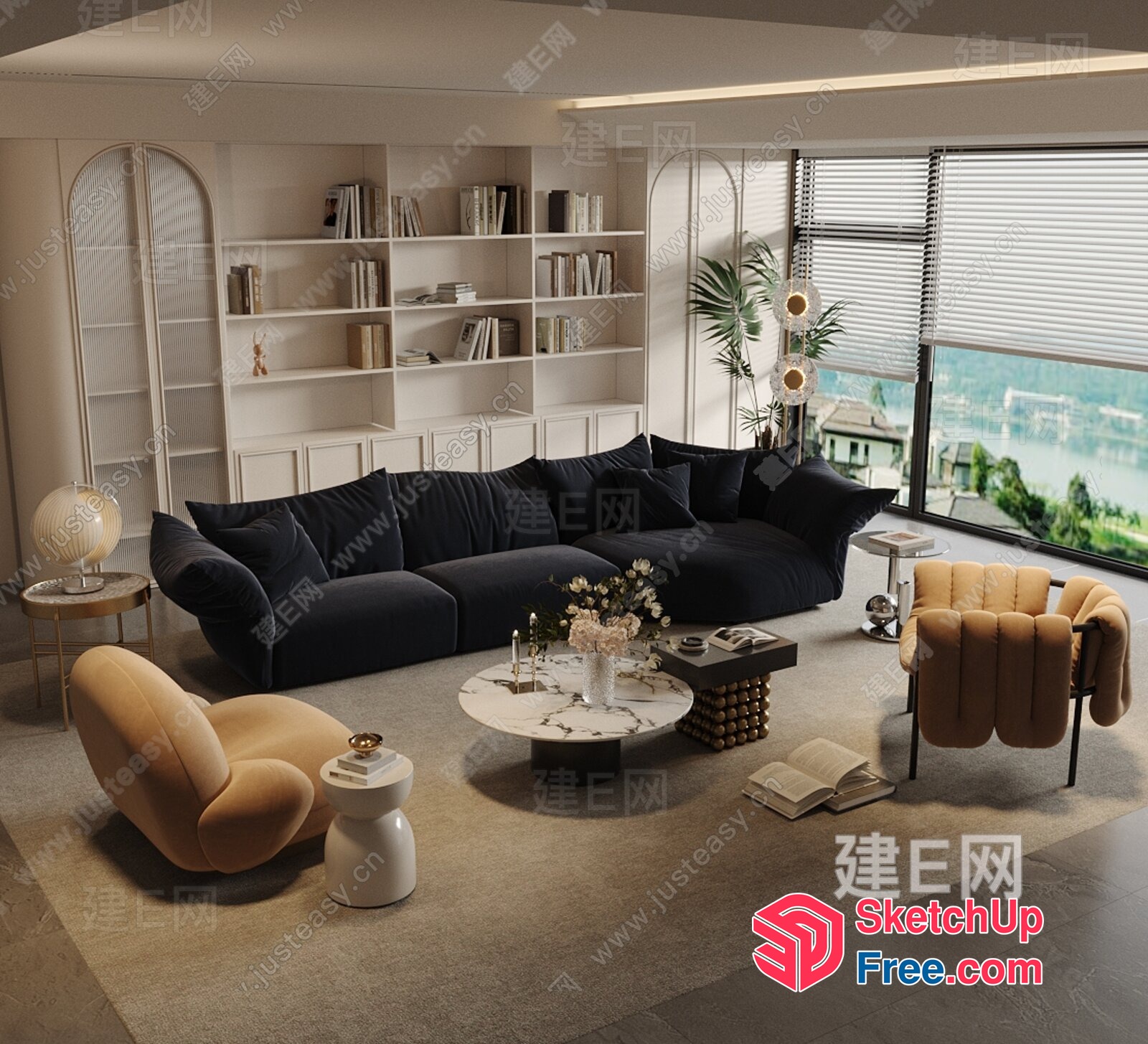 Modern Living Room With Large Window And Bookcase 3D SketchUp File