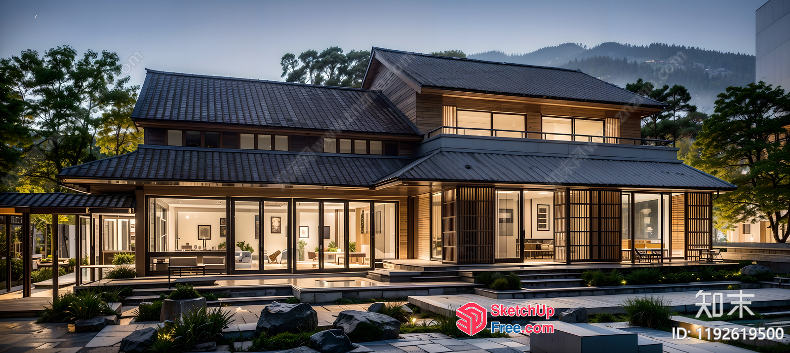 Asian Inspired Modern Villa With Glass Curtain Wall 3D SketchUp File