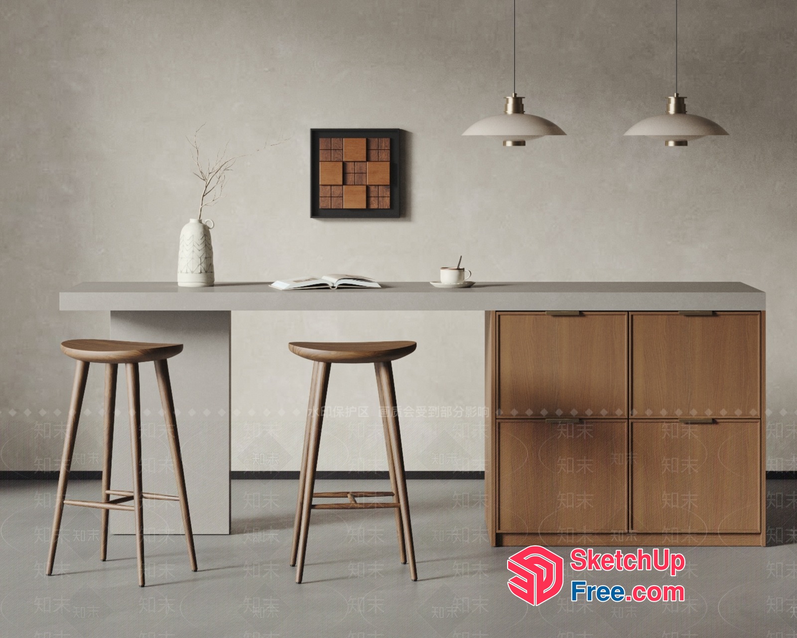 Modern Minimalist Kitchen Island With Stools 3D SketchUp File