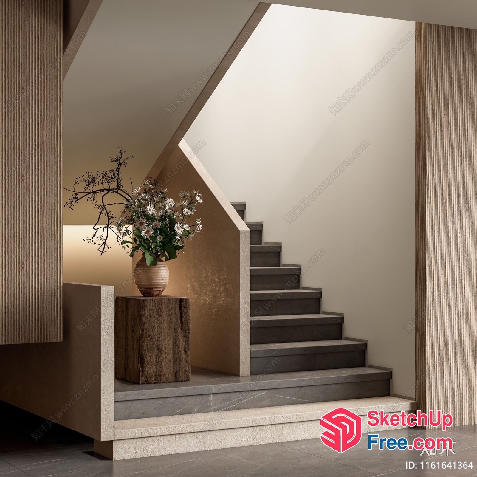 Staircase With Vase And Wood Pedestal 3D SketchUp File