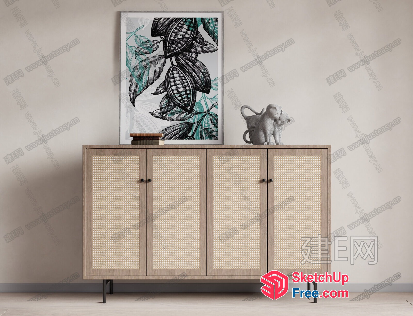 Decorative Wooden Sideboard With Cane Door Panels And Elephant Decor 3D SketchUp File