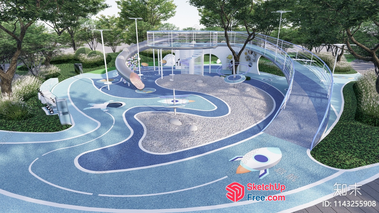 Futuristic Blue And White Playground With Rocket Ship Theme 3D SketchUp File
