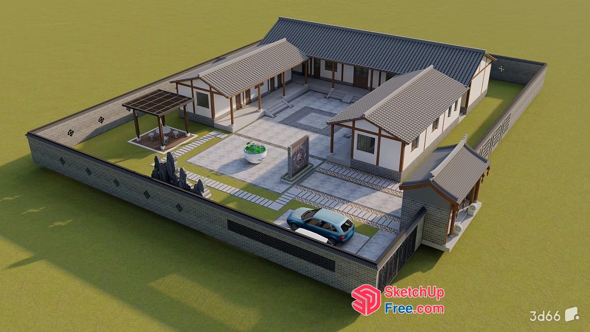 Asian-Style Villa With Courtyards And Pergolas 3D SketchUp File