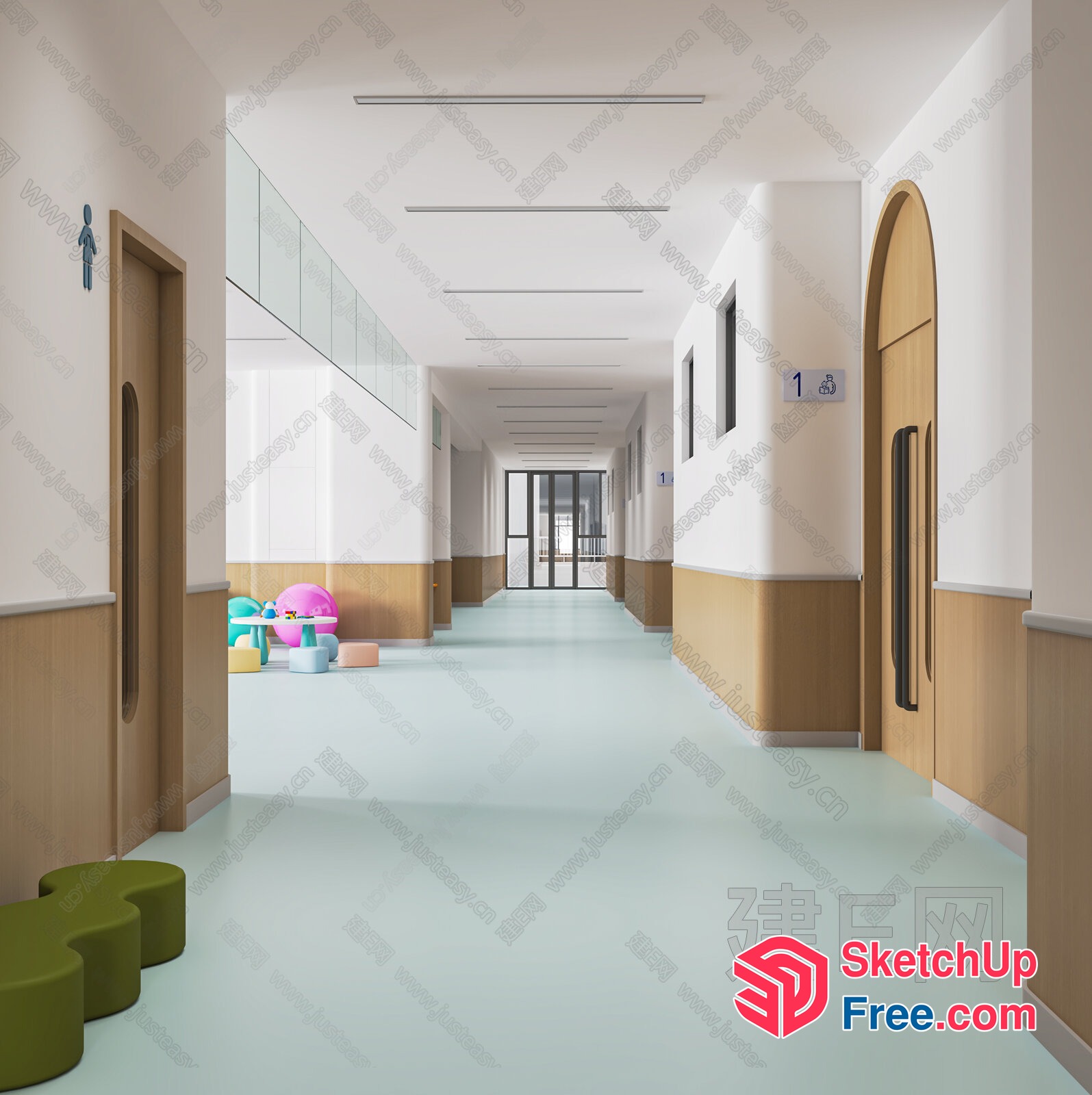 Modern Office Hallway With Elevator And Stairs 3D SketchUp File