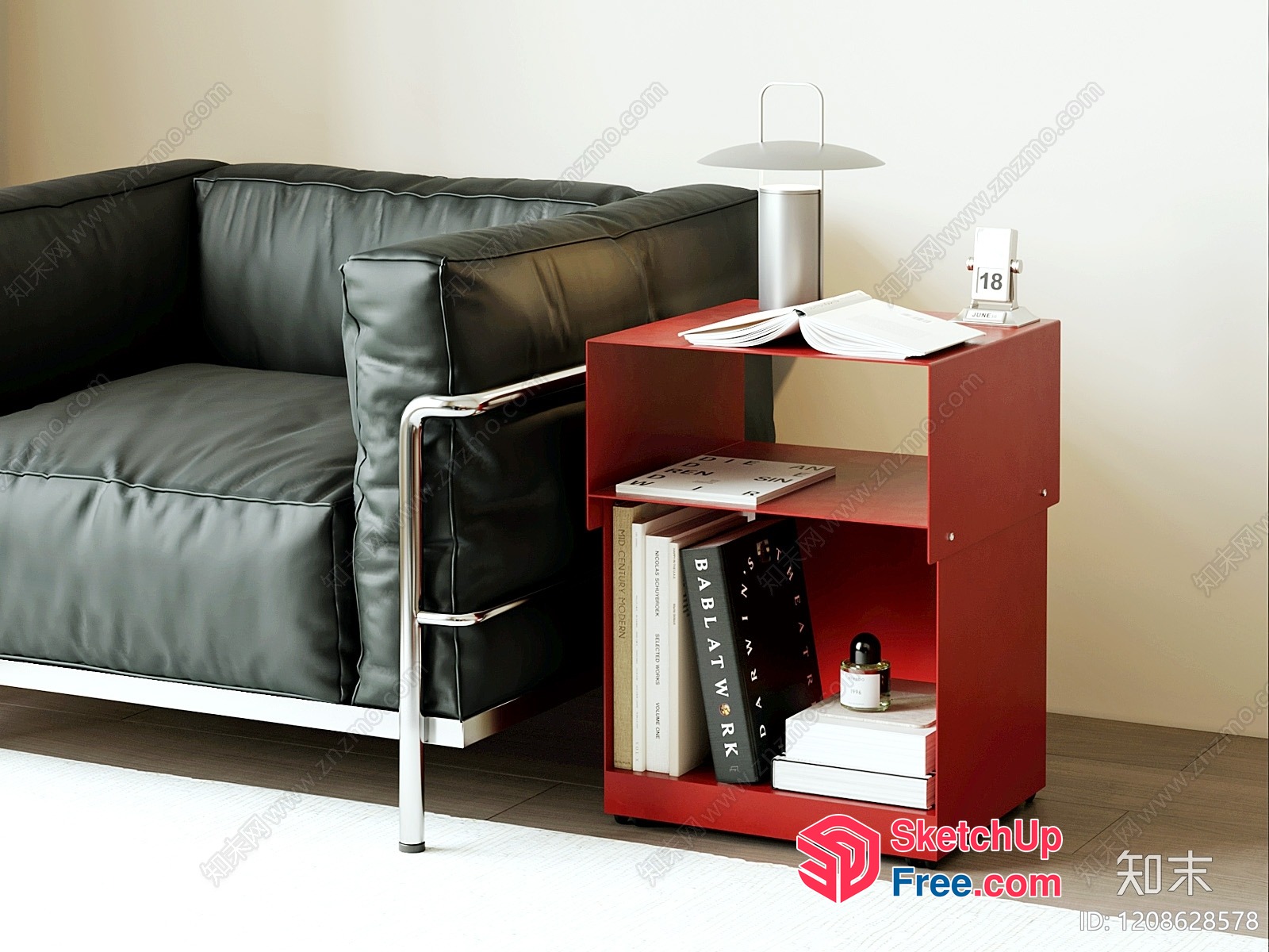 Modern Red Bookcase With Sofa And Lamp 3D SketchUp File