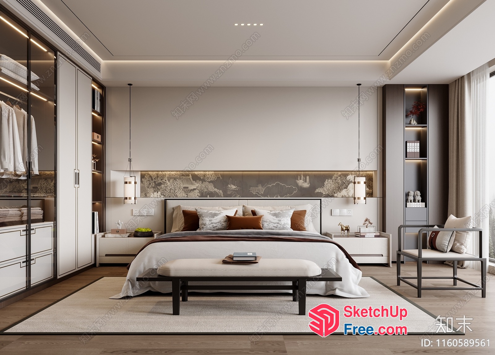 Modern Minimalist White And Brown Bedroom 3D SketchUp File
