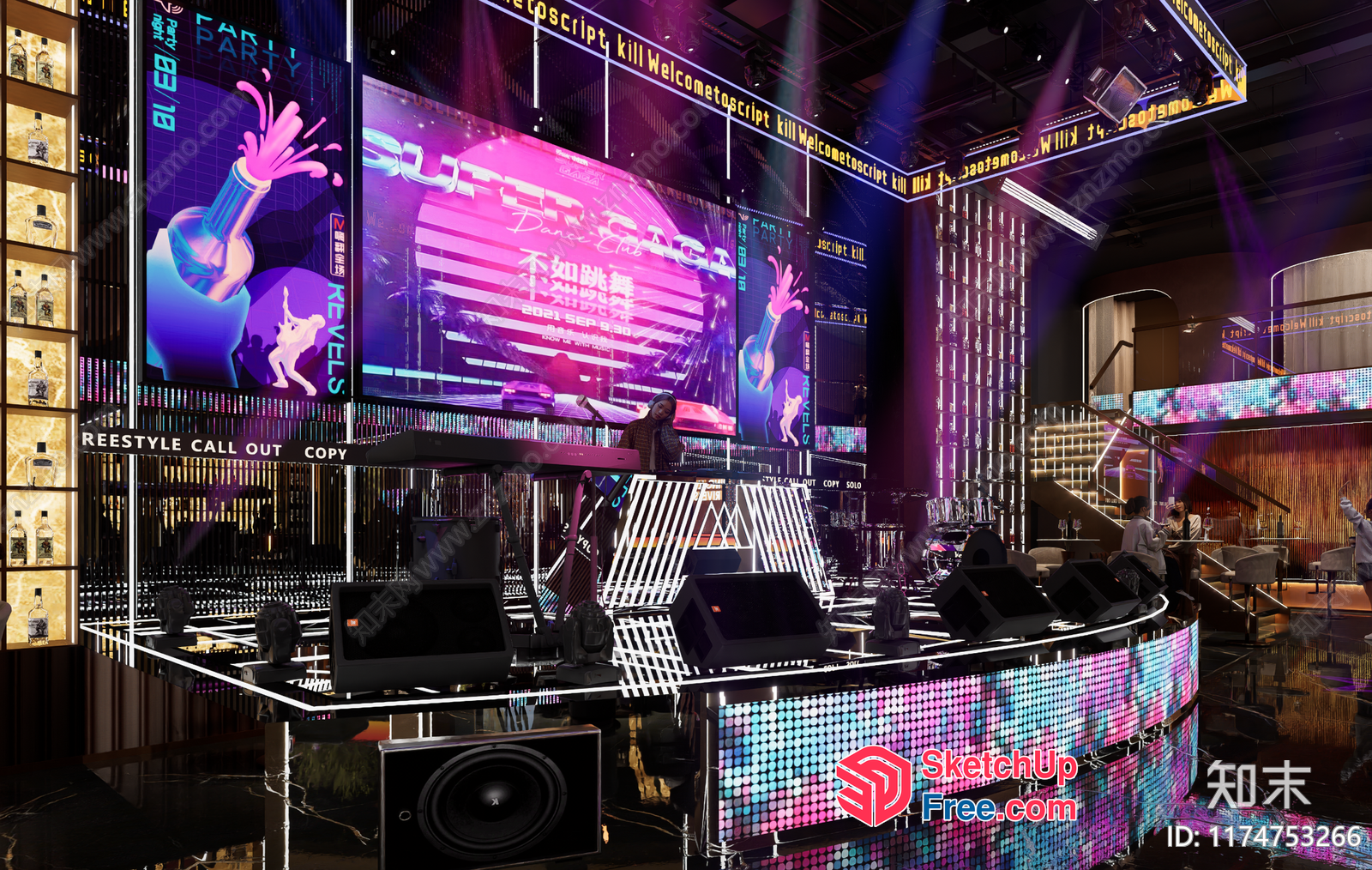 Vibrant Neon-Lit Stage With Colorful Graphics And Sound Equipment 3D SketchUp File