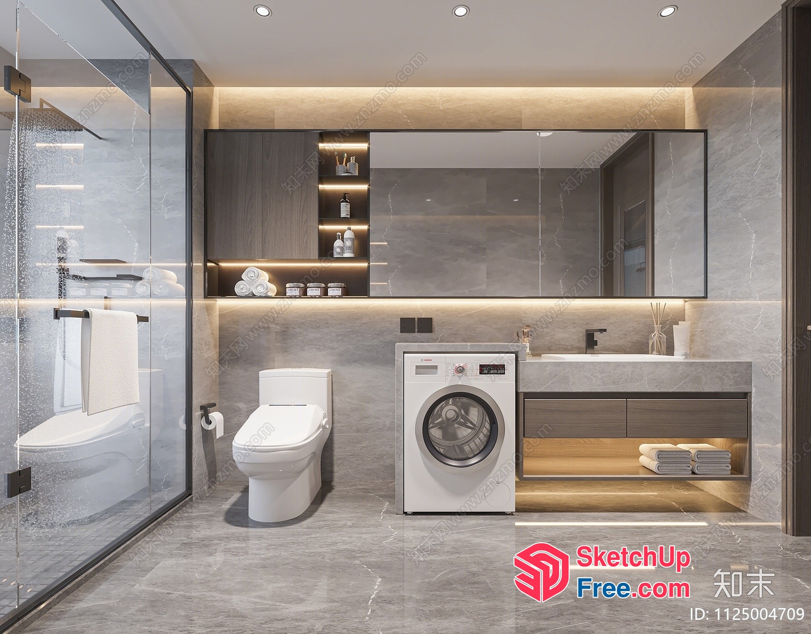 Modern Bathroom Interior Design With Grey Marble And White Fixtures 3D SketchUp File