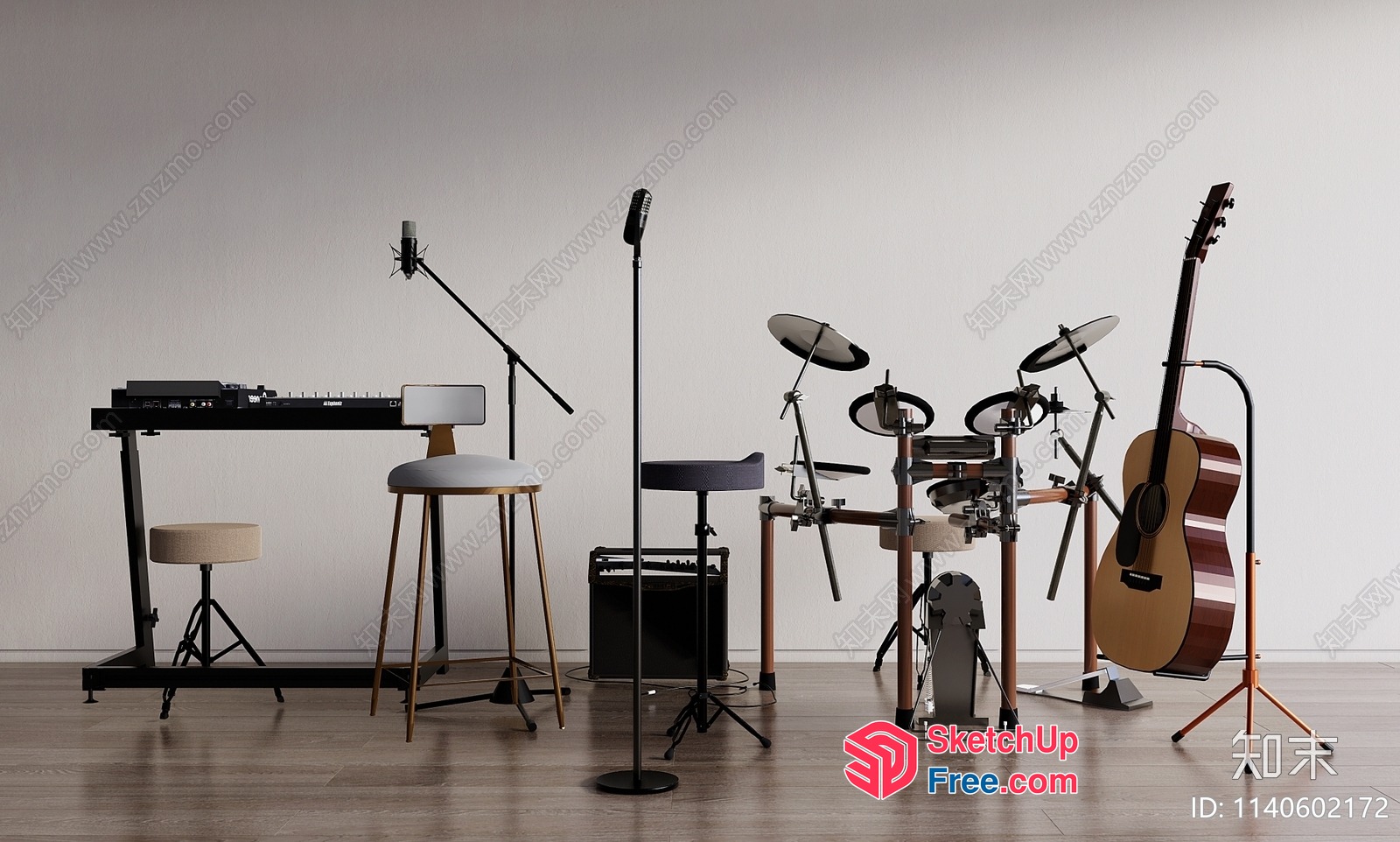 Musical Instruments And Furniture In A Spacious Room 3D SketchUp File