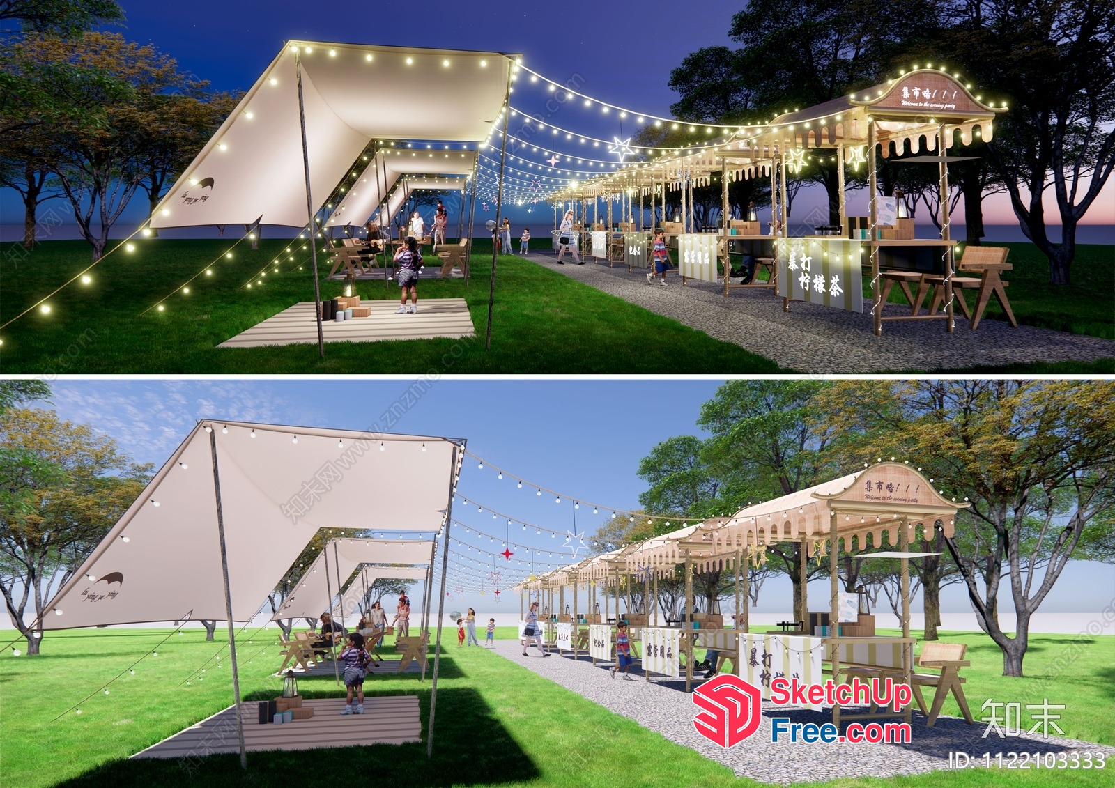 Outdoor Food Market With Twinkling Lights And Cozy Seating 3D SketchUp File