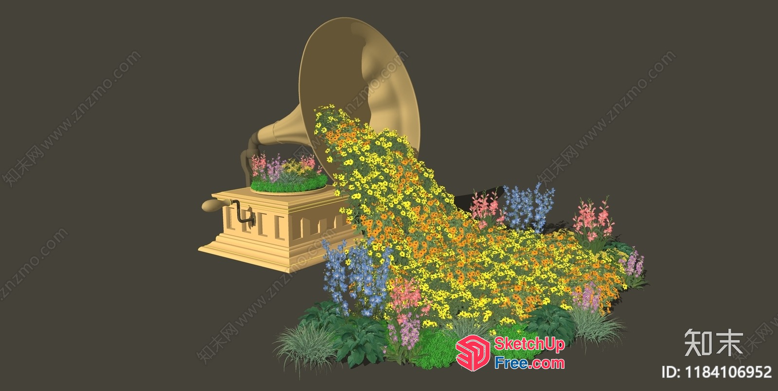 Antique Golden Gramophone With Vibrant Floral Arrangement 3D SketchUp File