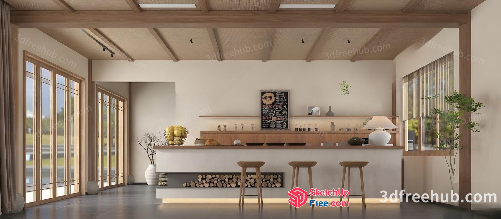 Elegant Modern Cafe Interior With Natural Wood Accents 3D SketchUp File