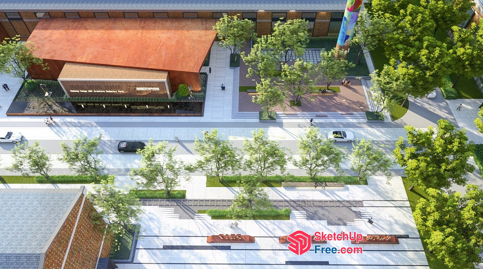 Modern Street Scene With Commercial Buildings And Green Spaces 3D SketchUp File