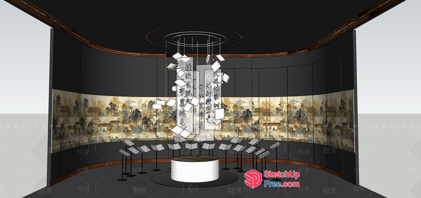 Curved Room With Asian-Inspired Decor And Unique Light Fixture 3D SketchUp File