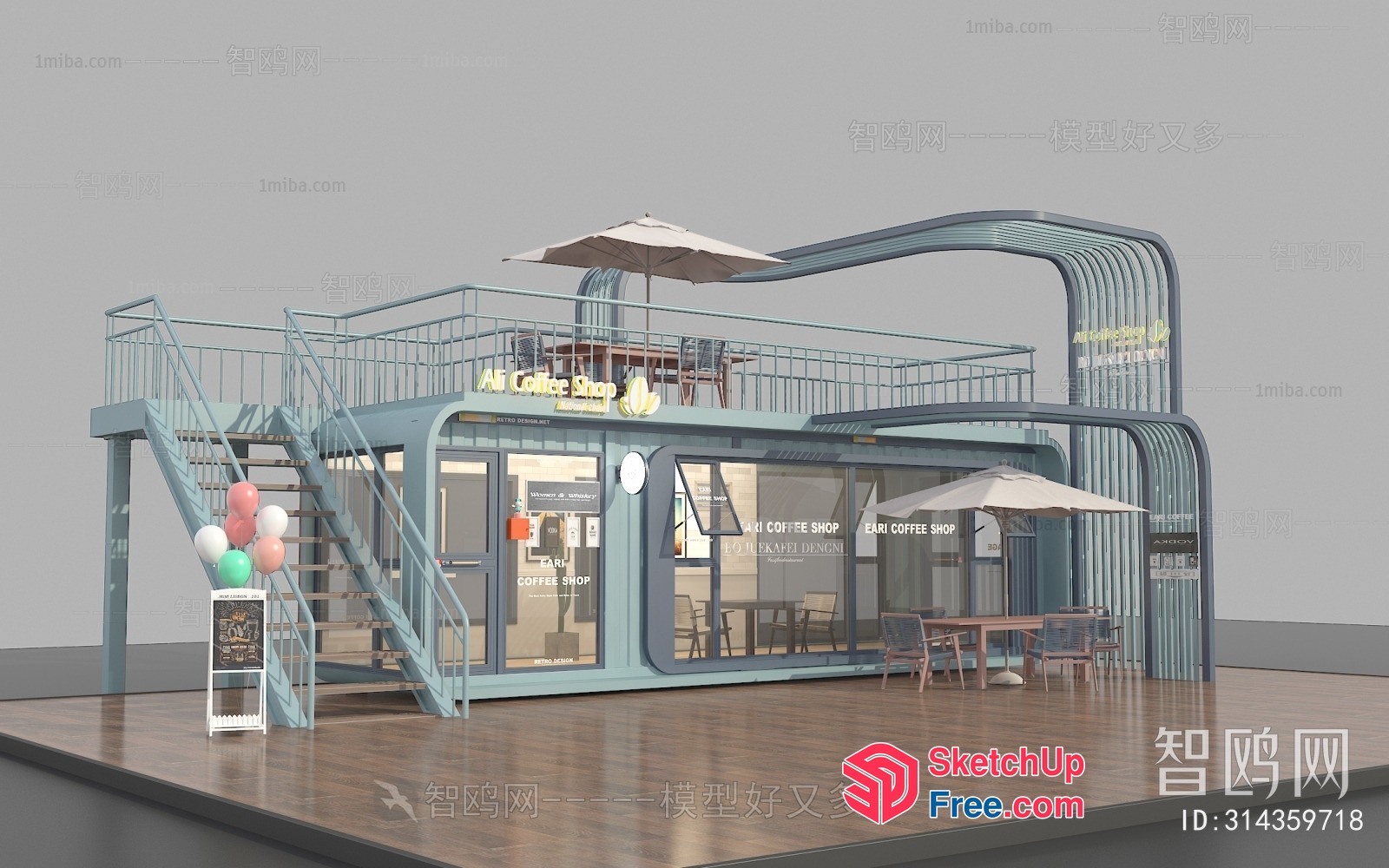 Modern Coffee Shop With Outdoor Seating Area 3D SketchUp File