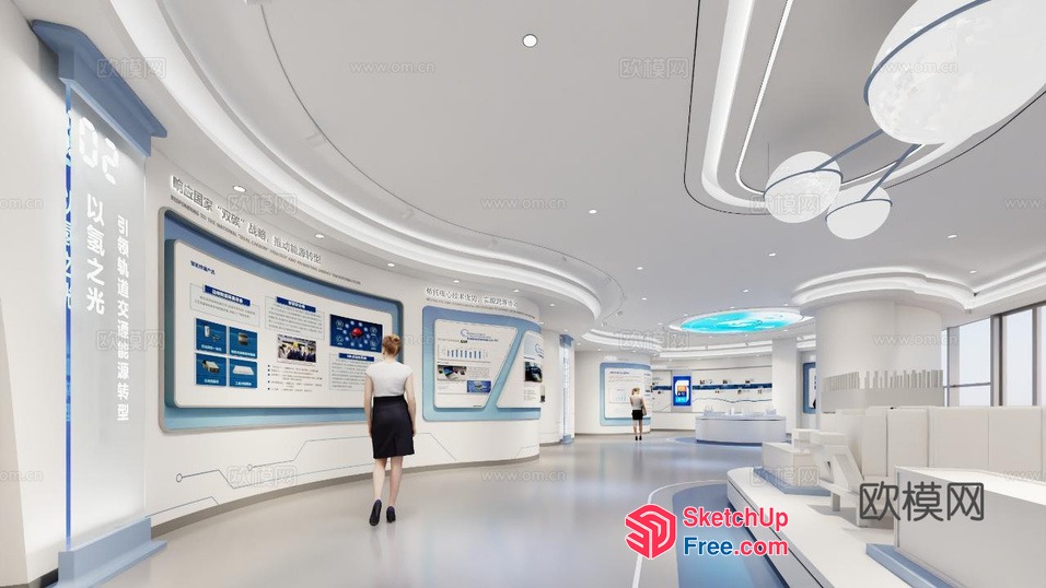 Futuristic White And Blue Exhibit Hall With Curved Walls 3D SketchUp File