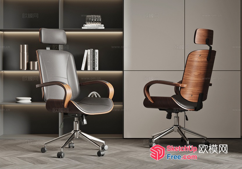 Modern Office Chairs With Grey And Brown Leather Upholstery 3D SketchUp File