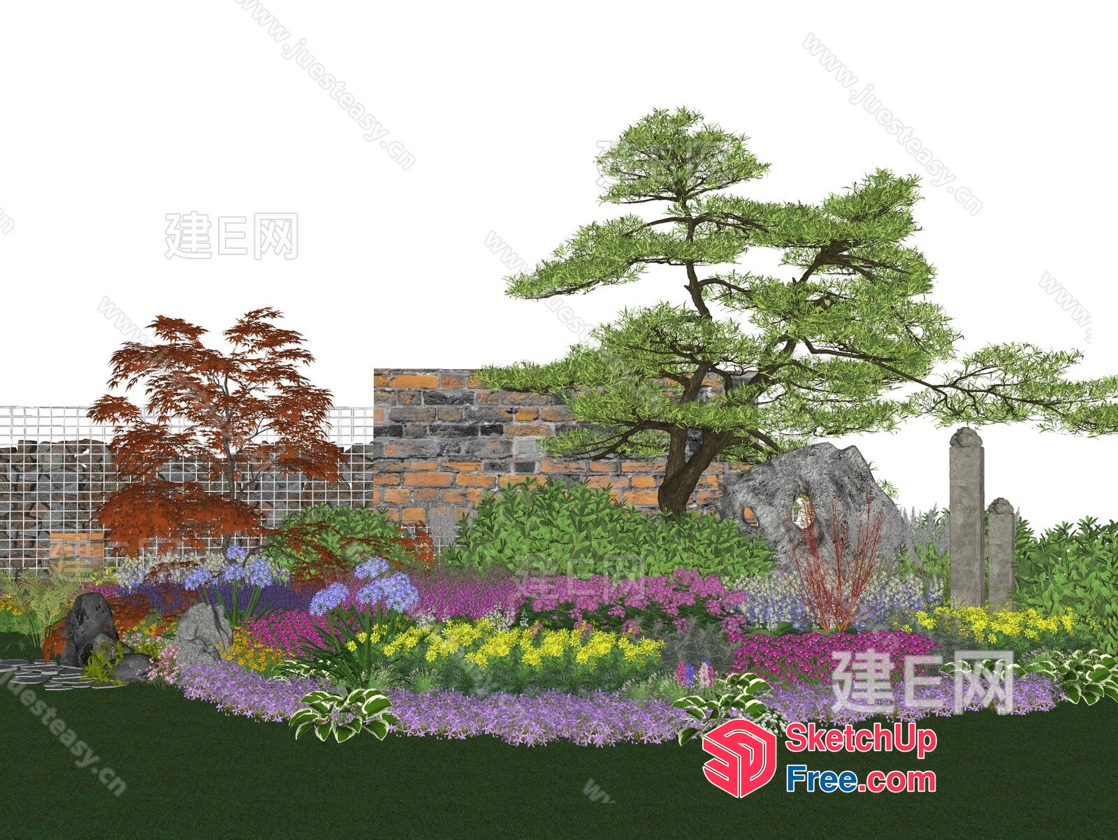 Japanese-Style Garden With Traditional Stone Wall And Decorative Plants 3D SketchUp File