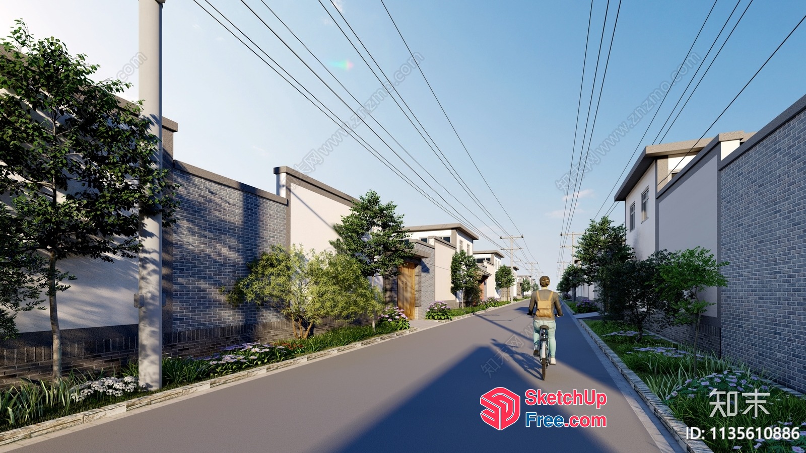 Man Riding Bike Down Street Surrounded By Buildings 3D SketchUp File