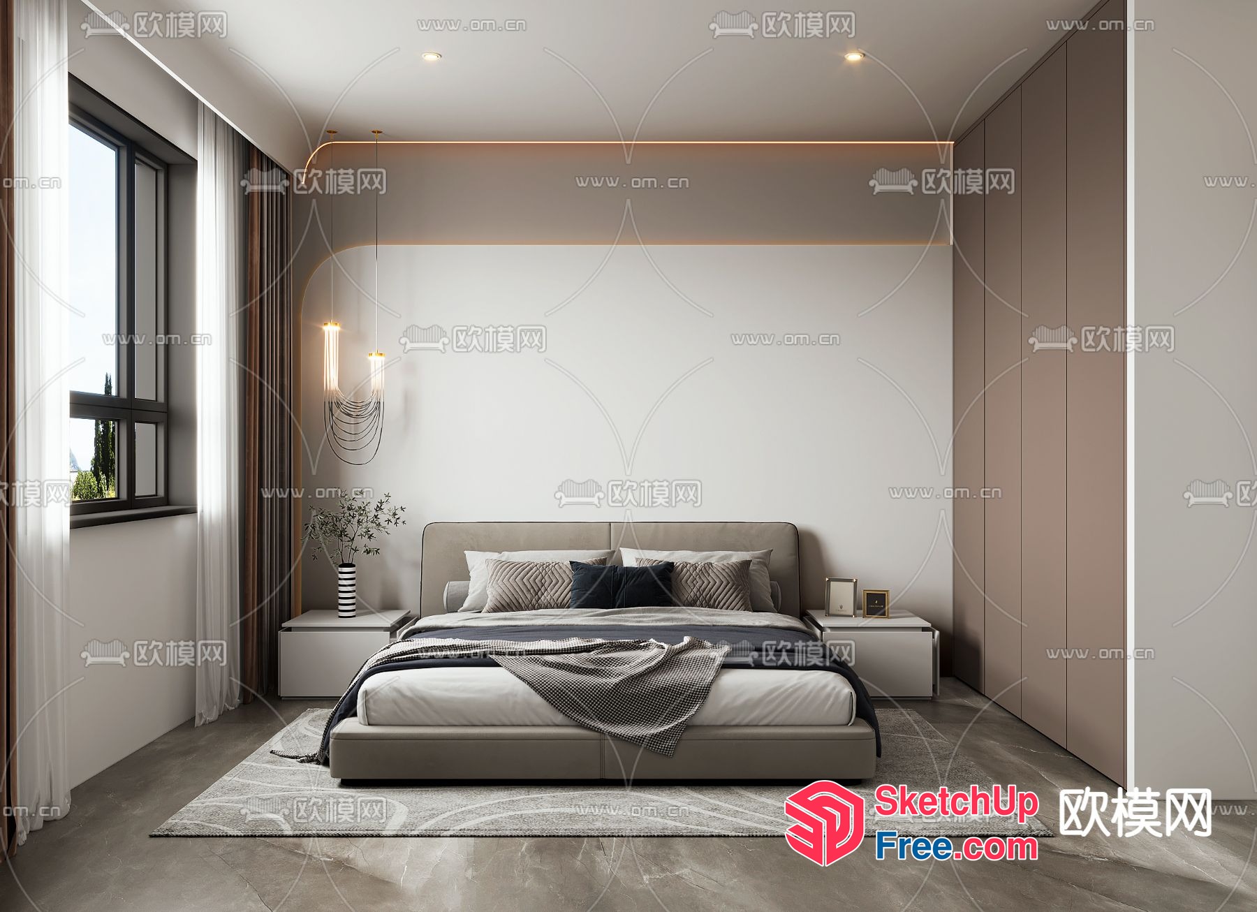Modern Minimalist Bedroom With White And Grey Decor 3D SketchUp File