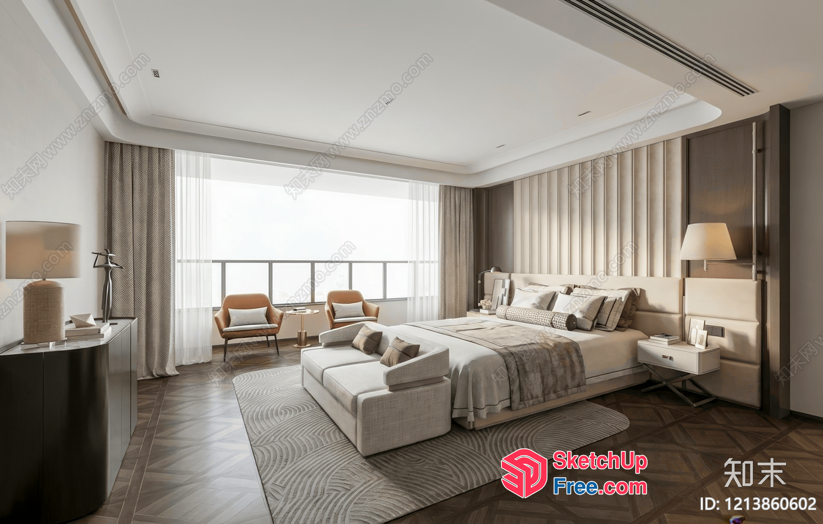 Modern European-Style Bedroom With Balcony And Large Window 3D SketchUp File