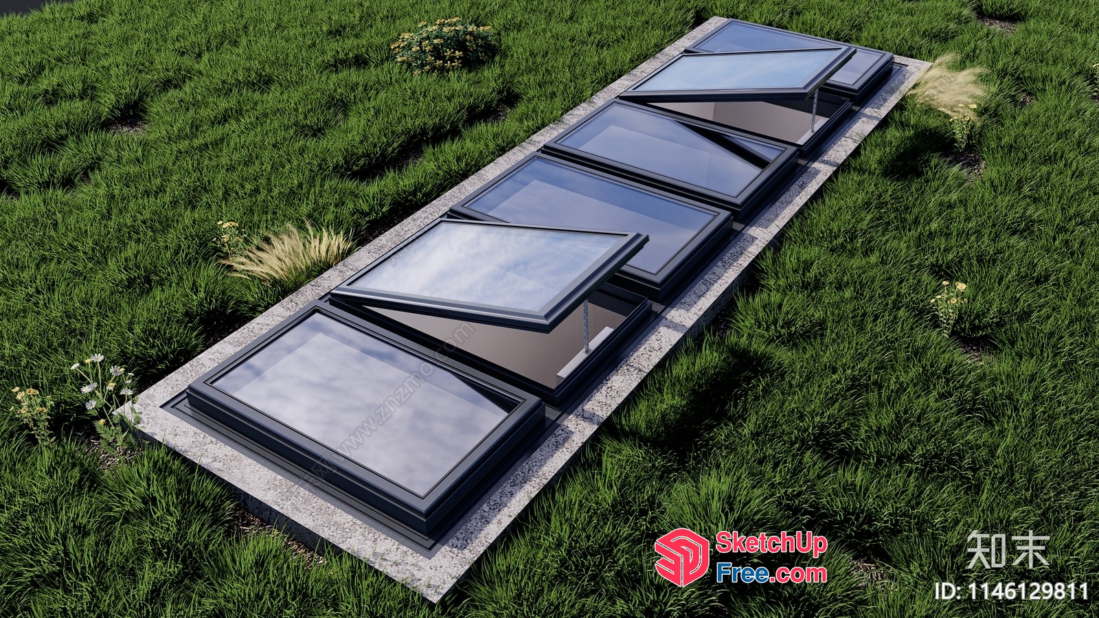 Modern Glass Roof Windows In A Lush Green Field 3D SketchUp File