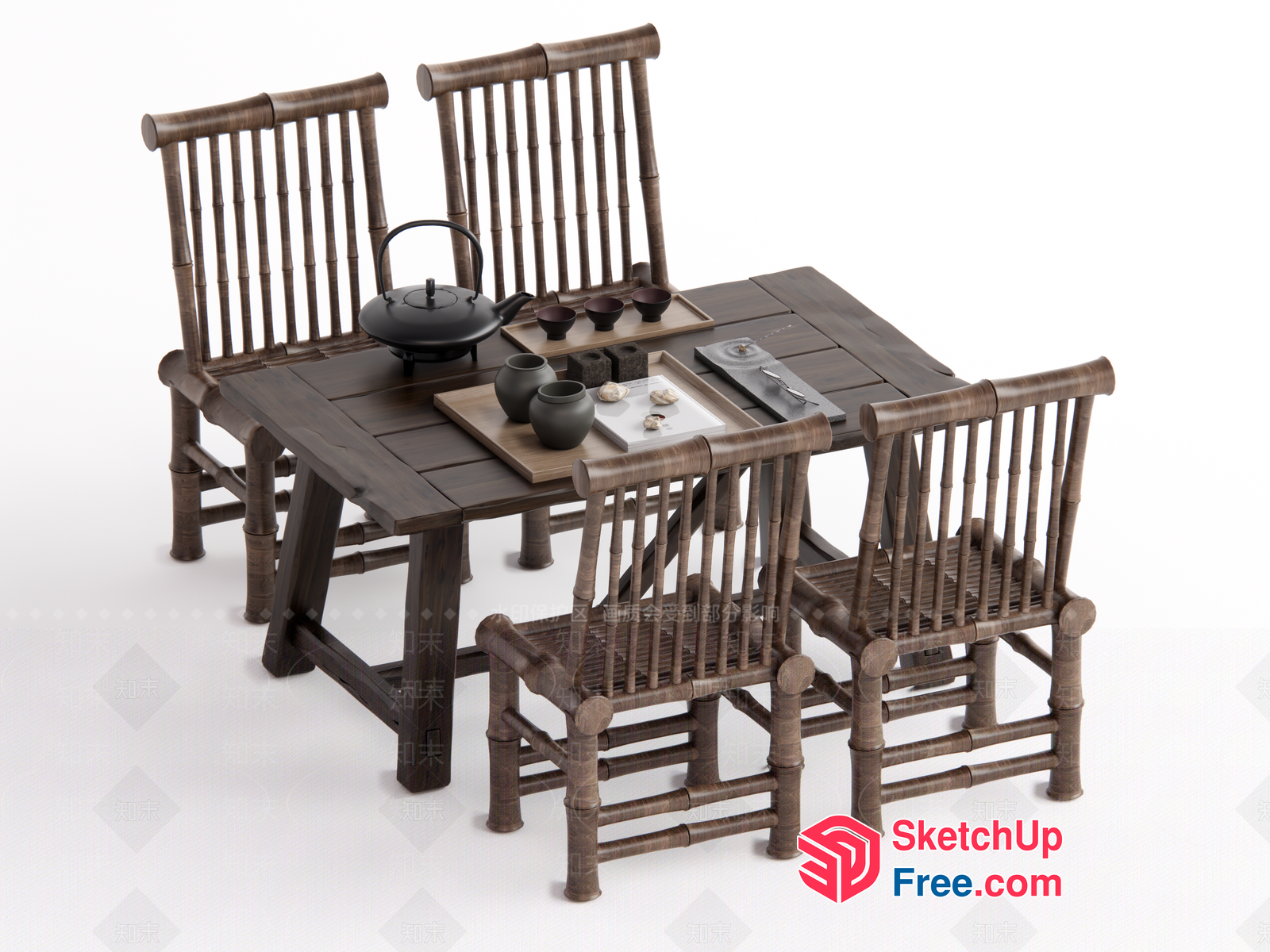 Asian-Inspired Tea Table Set With Bamboo Chairs 3D SketchUp File