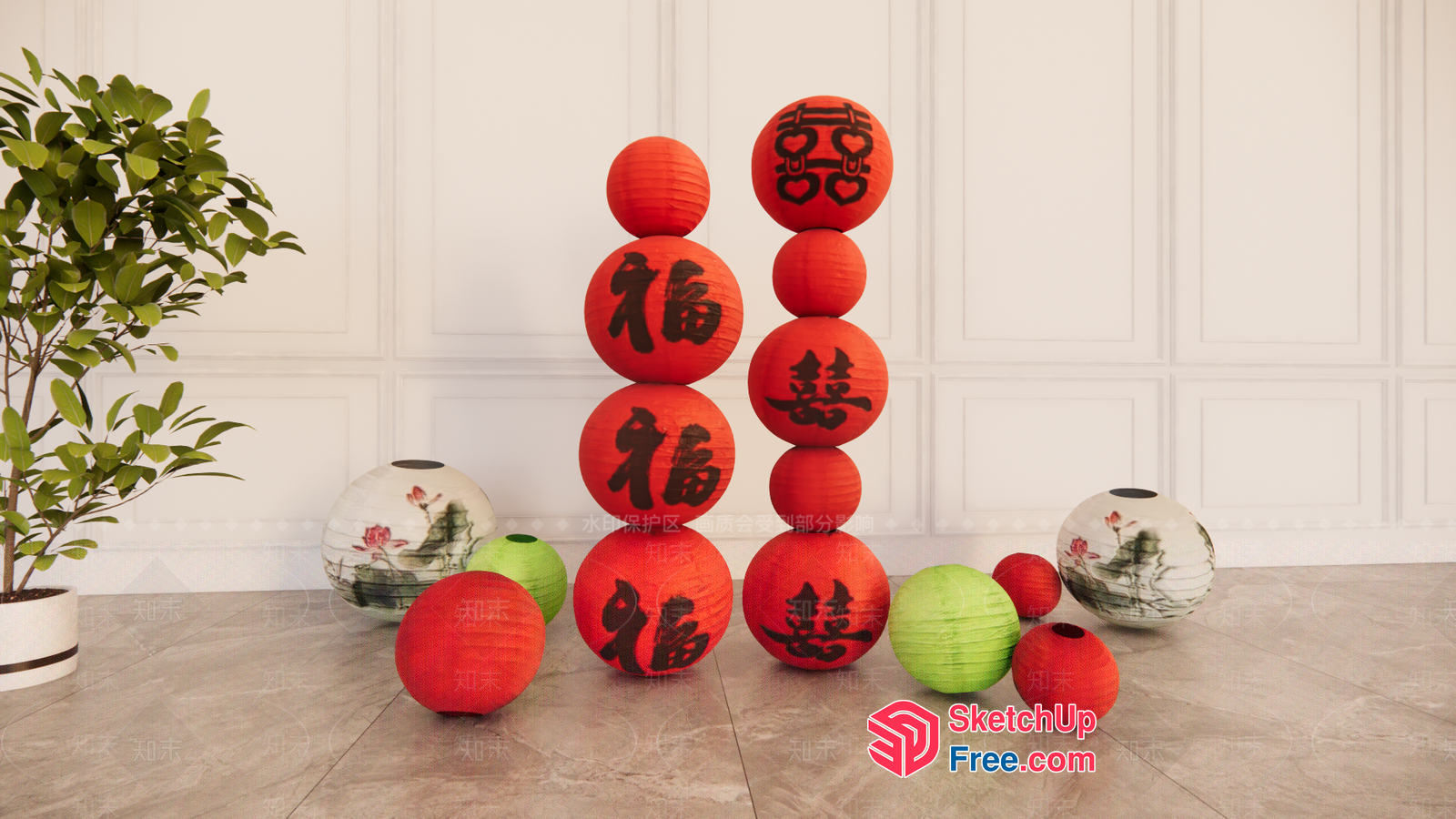 Chinese-Inspired Decorative Vases And Lanterns 3D SketchUp File