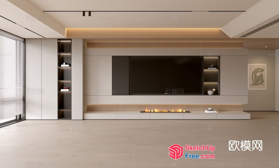 Modern Minimalist Living Room With Fireplace And Tv 3D SketchUp File