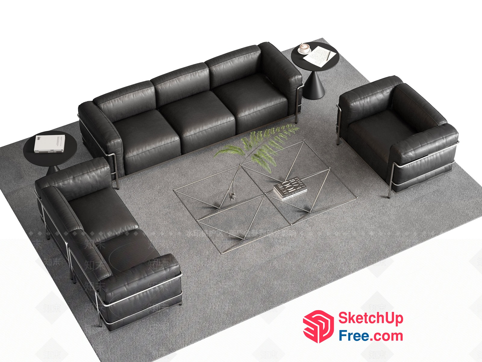 Modern Black Leather Sofa And Chairs With Glass Coffee Table 3D SketchUp File