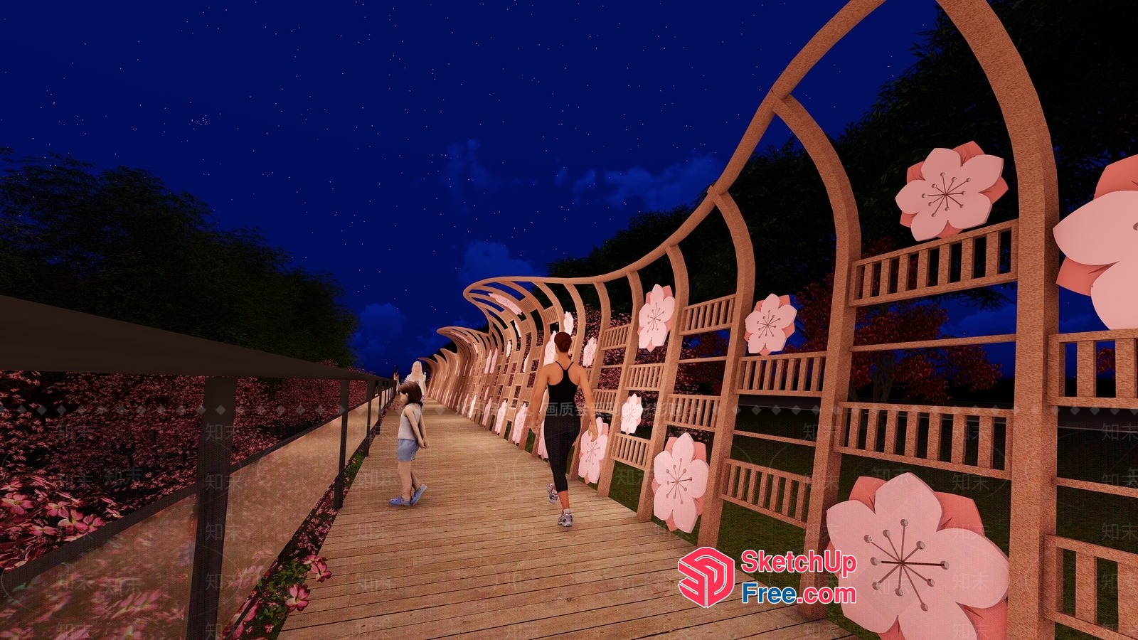 Nighttime Walkway With Cherry Blossom Decorations 3D SketchUp File